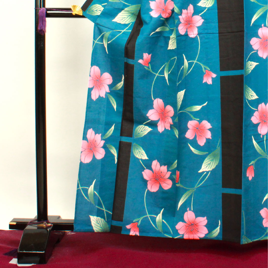 浴衣 納戸色 百合 木綿 Aランク 単衣 身丈162.5cm 裄丈65.5cm 青系 1118003563417