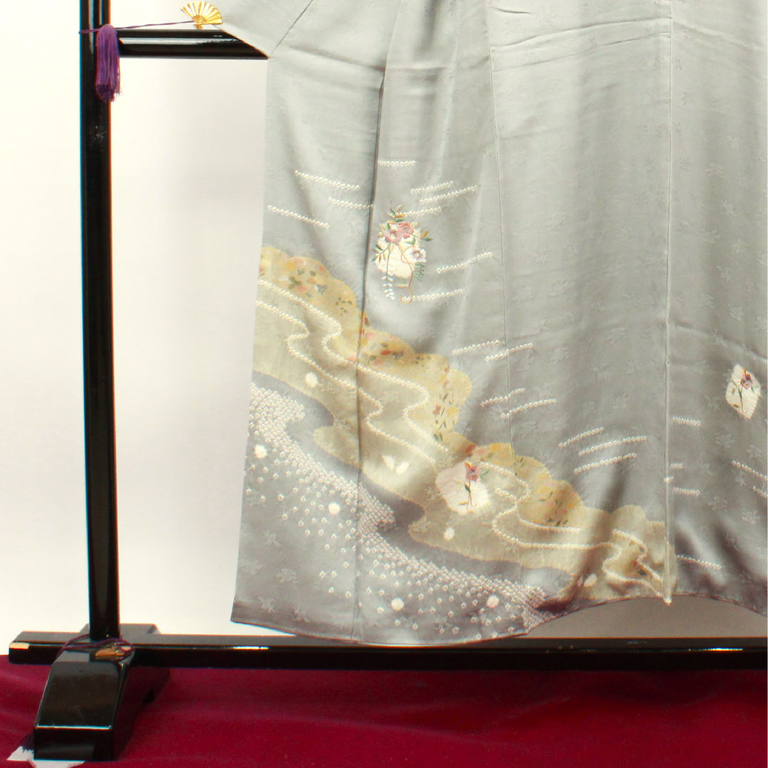 訪問着 正絹 袷 身丈152.5cm 裄丈62.5cm 白銅色 京友禅 絞り 刺繡 Aランク グレー系 1112003033222