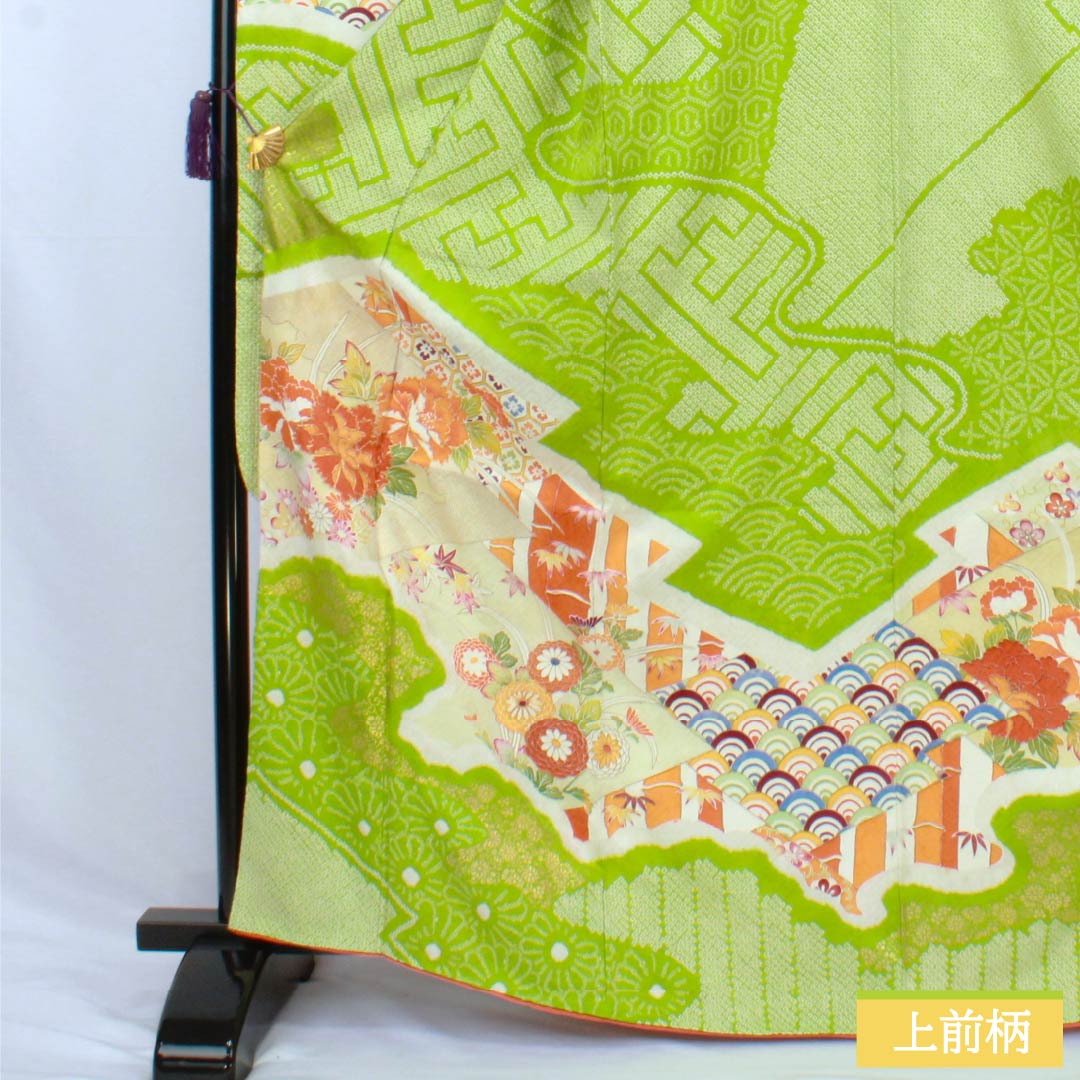 振袖 正絹 Aランク 身丈167.5cm 裄丈64.5cm 袷 萌黄色(もえぎいろ) 京友禅 絞り 古典柄 緑系 1113002813519