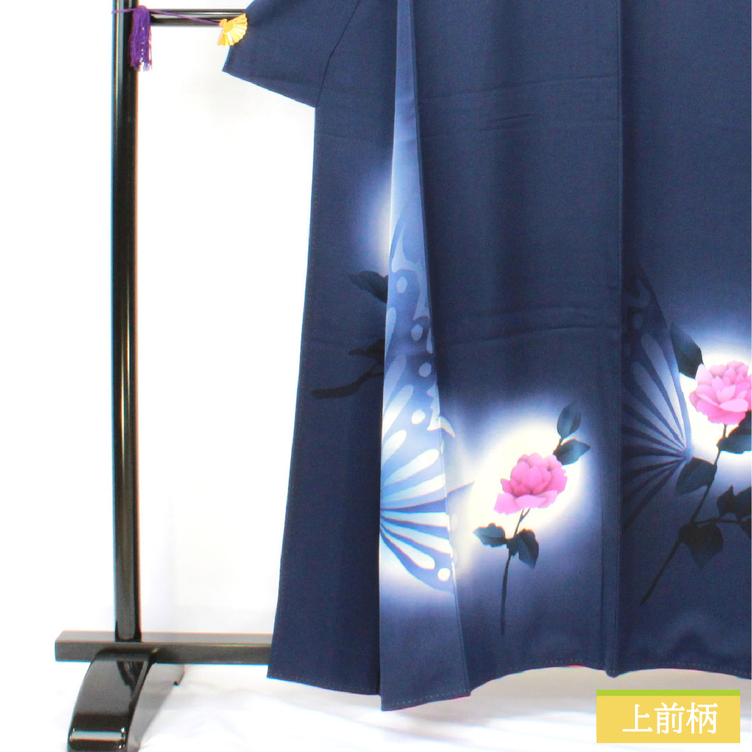 訪問着 正絹 袷 身丈159cm 裄丈65cm 濃紺色(のうこんいろ) 蝶 薔薇 Aランク 紺系 1112005883318