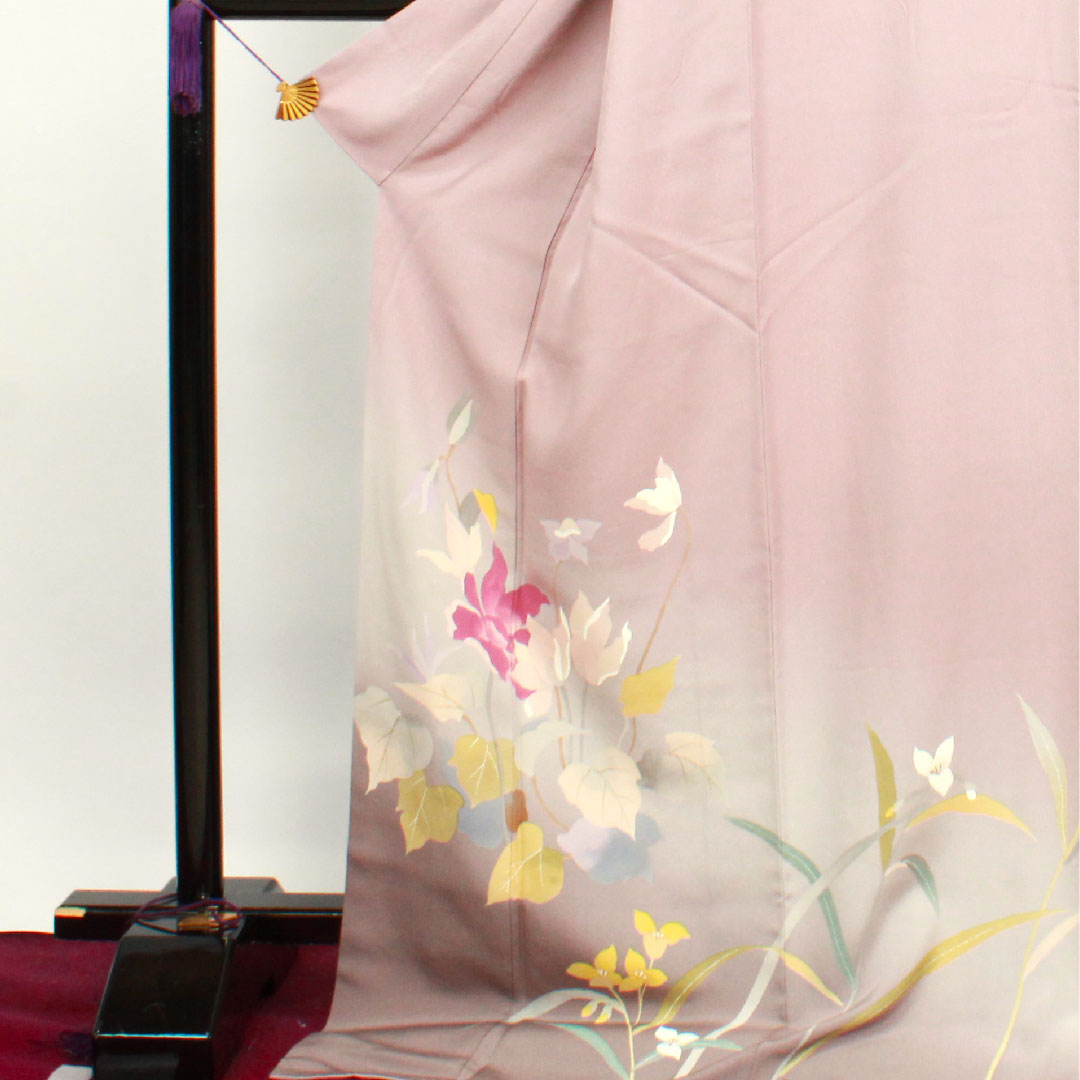 Homongi, lined, length 180.5cm, sleeve length 70cm, grape color, Kyoto Yuzen, abstract flower, pure silk, A rank, purple, 1112002643820