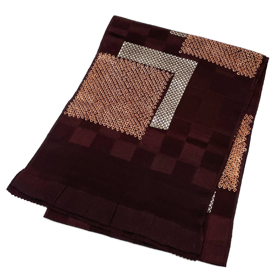 S-Rank Silk Obiage (Sash) - Casual, Burnt Brown, Checkered Pattern with Hikita Pattern, Classic Design, Approximately 164cm Long, 29cm Wide, Brown, Product Number: 1136001752914
