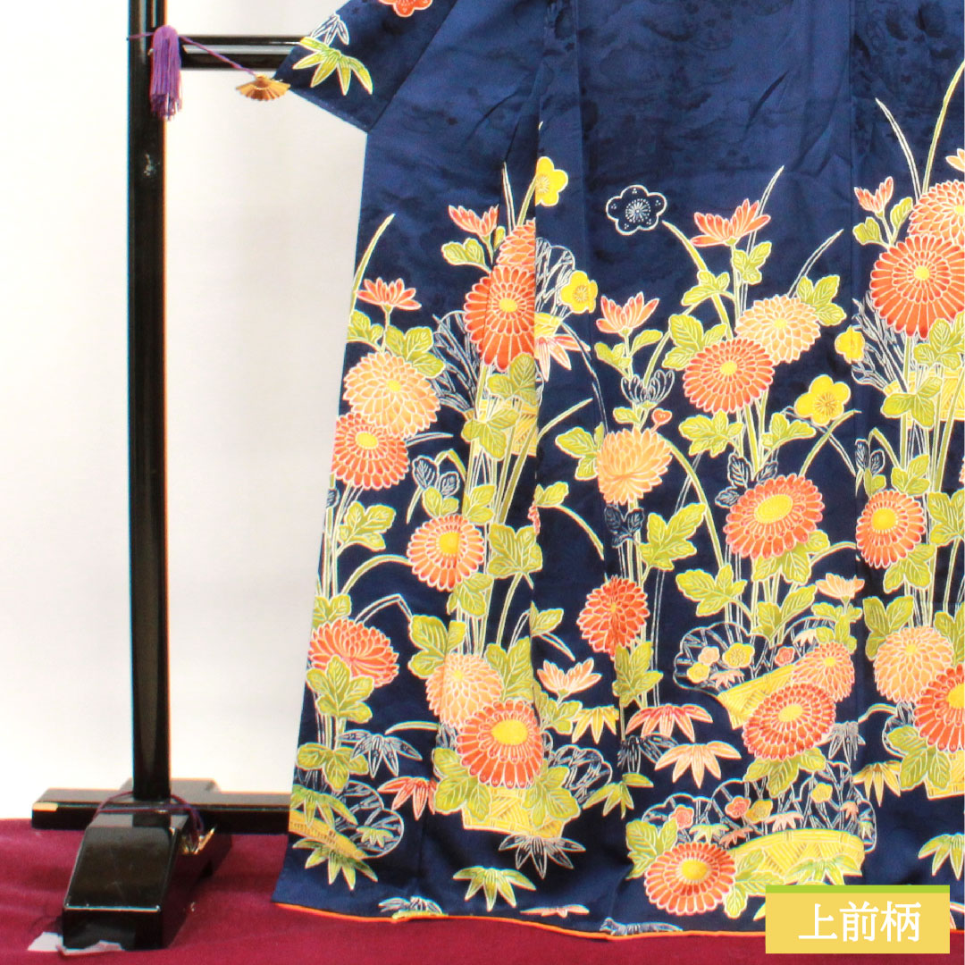 訪問着 正絹 袷 身丈168cm 裄丈63.5cm 濃桔梗色 京友禅 菊 梅 Aランク 紺系 1112003393518