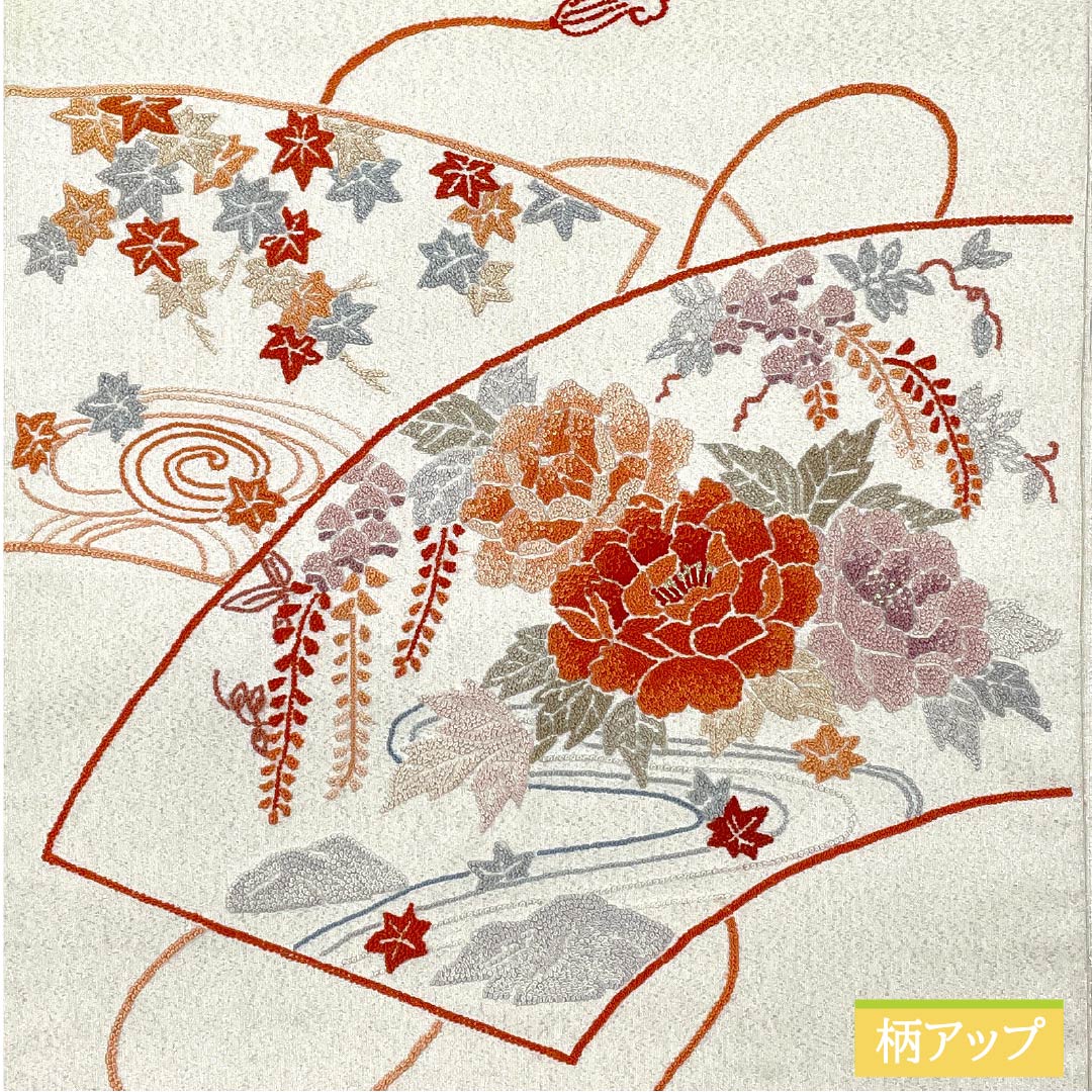 袋帯 正絹 胡粉色(ごふんいろ) 綴れ織 相良刺繍 扇面 牡丹 帯丈448cm Aランク ポイント柄 フォーマル 白系 1123012653311