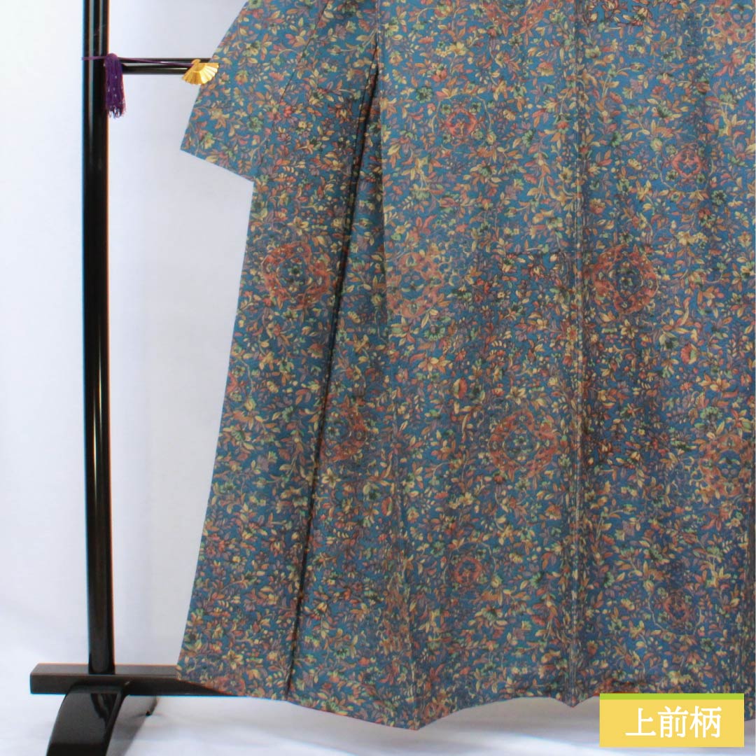 Komon silk S-rank kimono, length 158cm, sleeve length 63cm, lined, blue-tinted chintz, blue-toned, 1115006632317