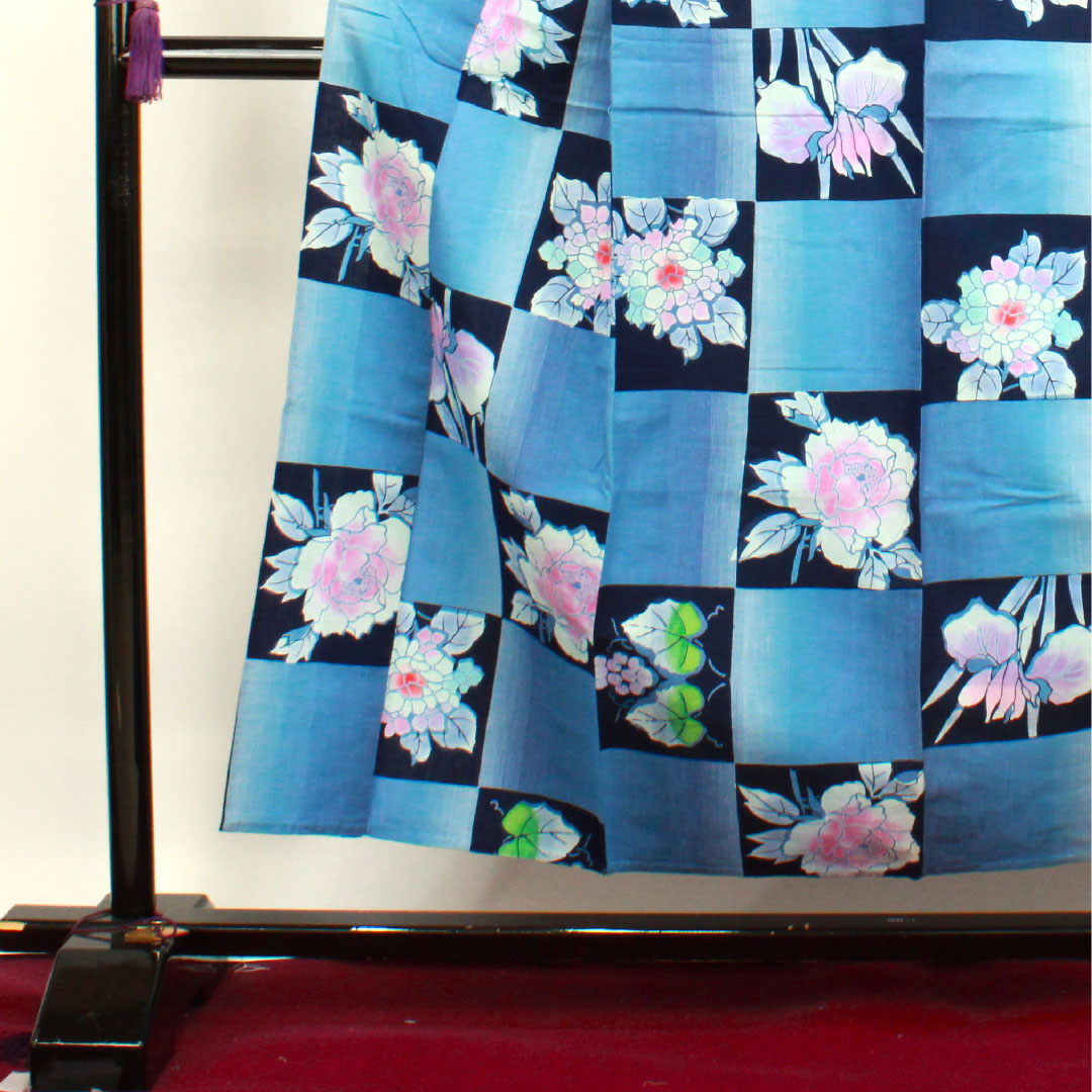 浴衣 市松 紫陽花 葡萄 木綿 Sランク 単衣 身丈153cm 裄丈65cm グラデーション系 1118003052299