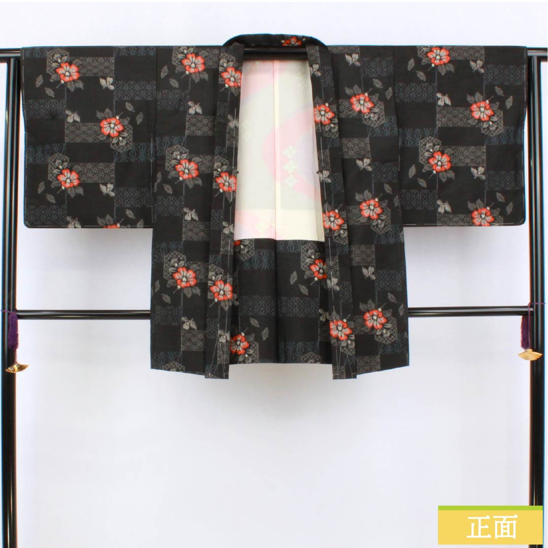 羽織 正絹 Sランク 身丈47cm 裄丈65cm 村山大島 麻の葉 七宝 花 袷 黒系 1117001362910