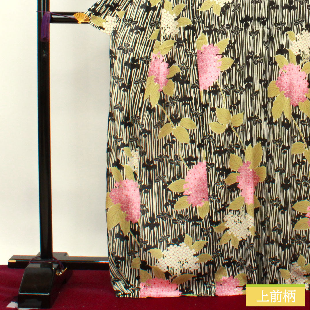 夏物 ポリエステル 小紋 身丈169.5cm 裄丈70cm 紫陽花 洗える着物 しつけ糸付き 未使用品 絽 Sランク 黒系 1132001852510