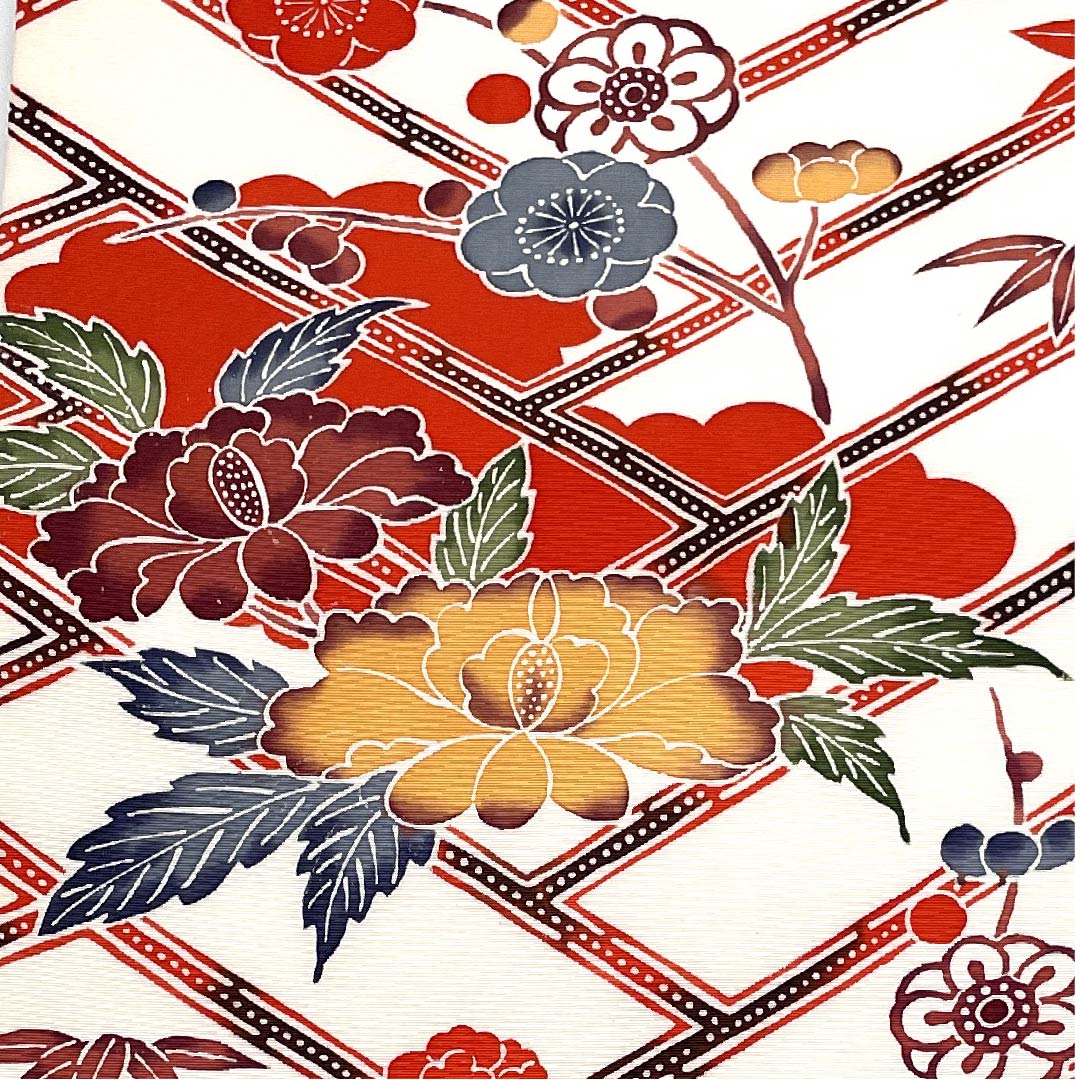 名古屋帯 白色 京紅型 牡丹 梅 竹 帯丈364.5cm 正絹 Aランク ポイント柄 カジュアル 白系 1124004803311 名古屋仕立て