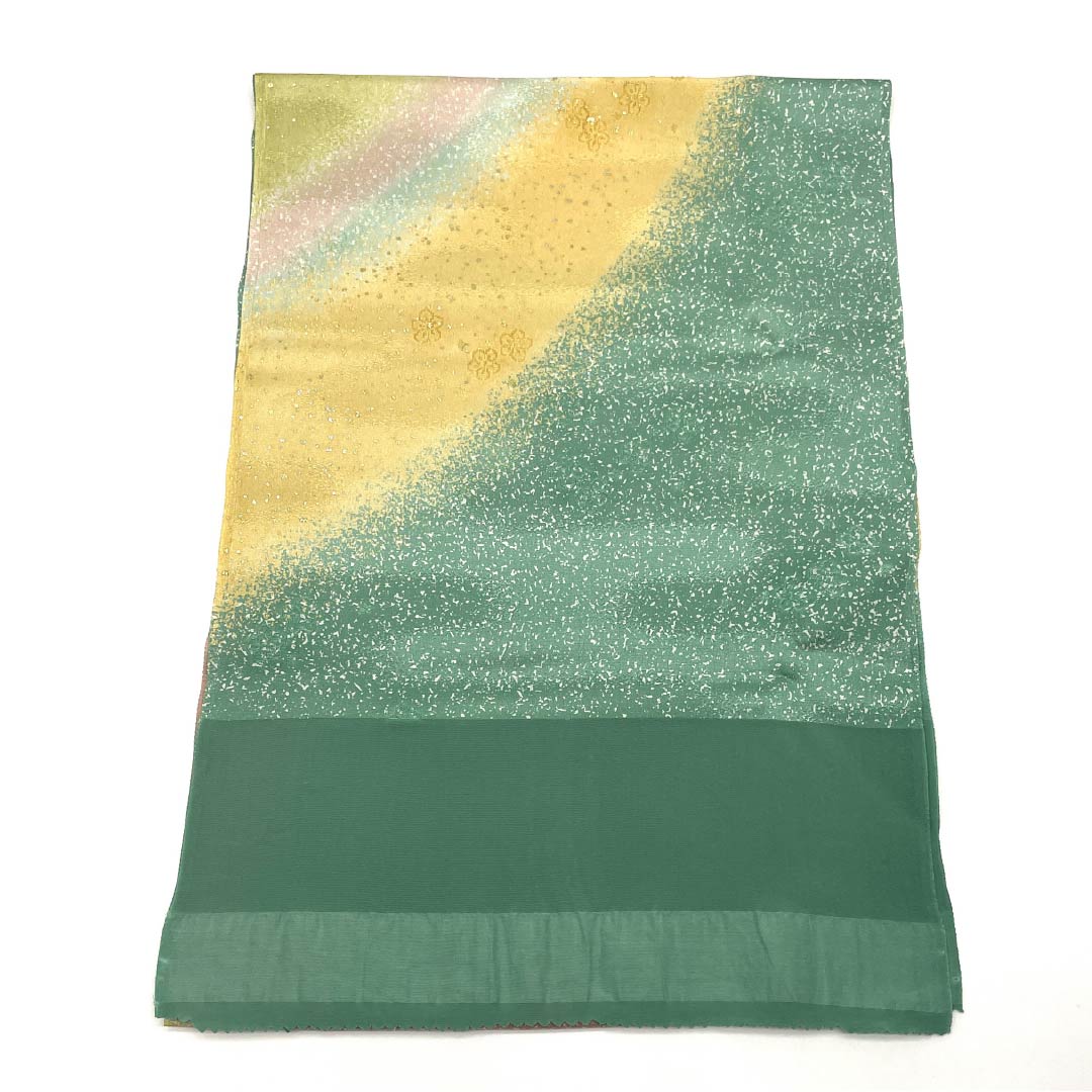 帯揚げ 正絹 セミフォーマル 岩緑青色(いわろくしょういろ) たたき染め風 グラデーション 花柄 長さ約176cm 幅約30cm Sランク 緑系 1136000632919