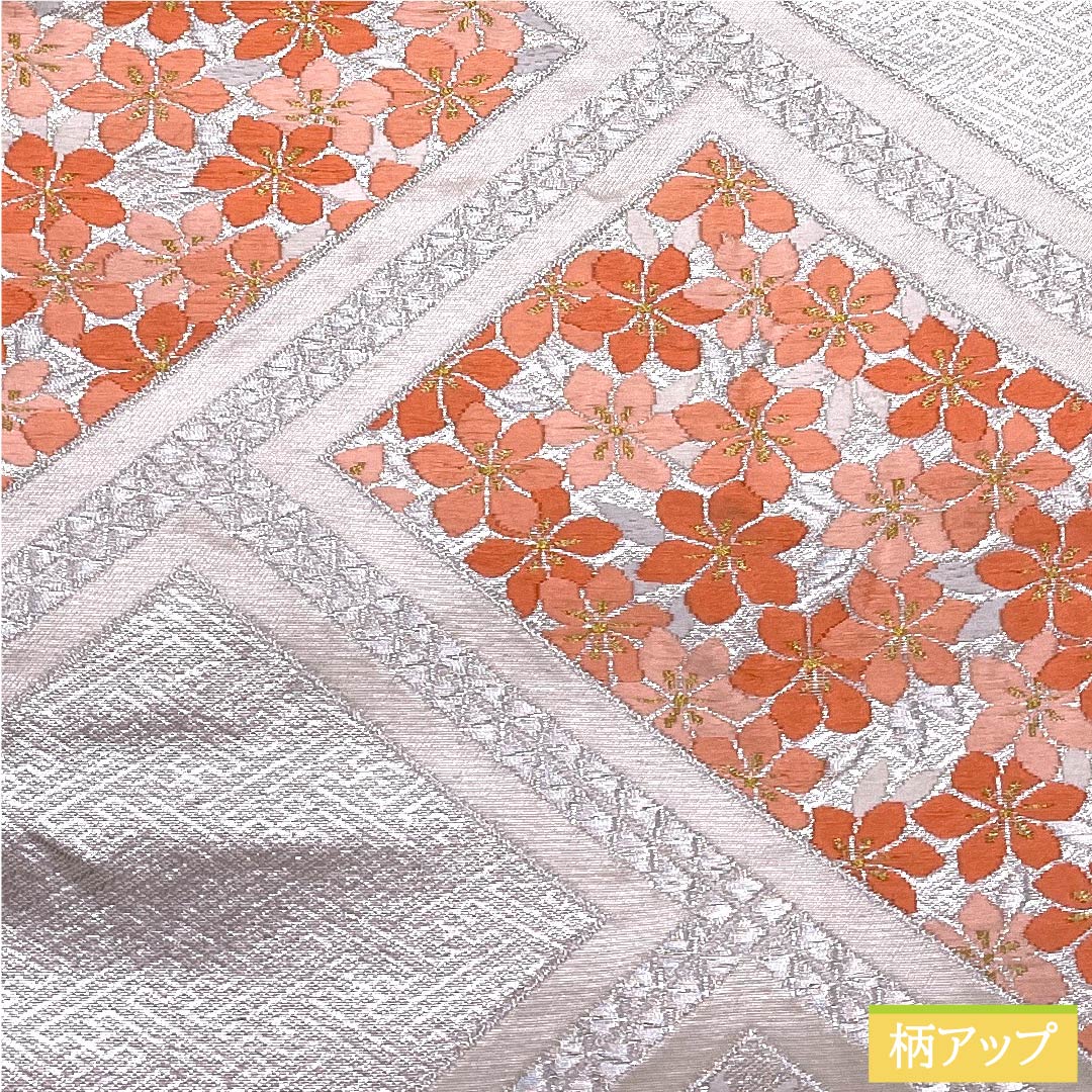 袋帯 銀色 桜 紗綾形 帯丈416cm 正絹 Sランク 六通 フォーマル 銀系 1123010282322