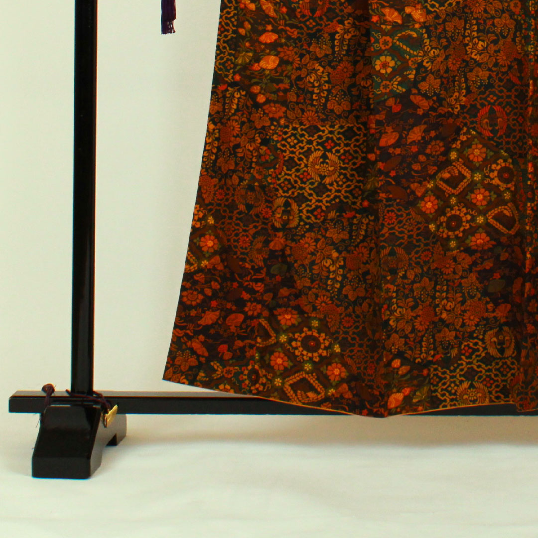 小紋 身丈158cm 裄丈64cm 袷 更紗模様 正絹 Aランク 茶系 1115000443314