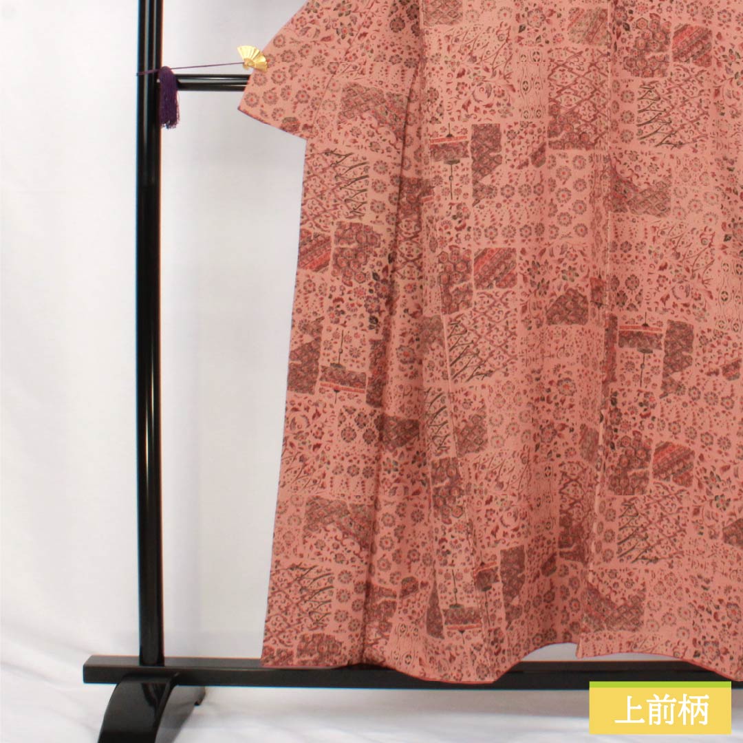 小紋 正絹 Sランク 身丈153.5cm 裄丈63.5cm 袷 緋褪色(ひさめいろ) 更紗 朱系 1115007532216