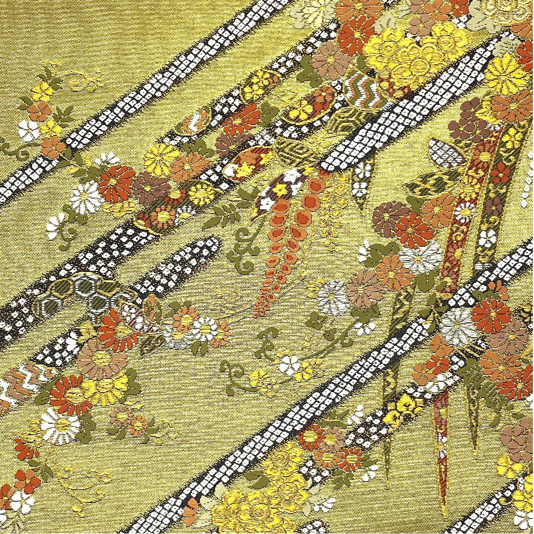 袋帯 藤 菊 帯丈446cm 正絹 Sランク 六通 フォーマル 金系 1123004432321