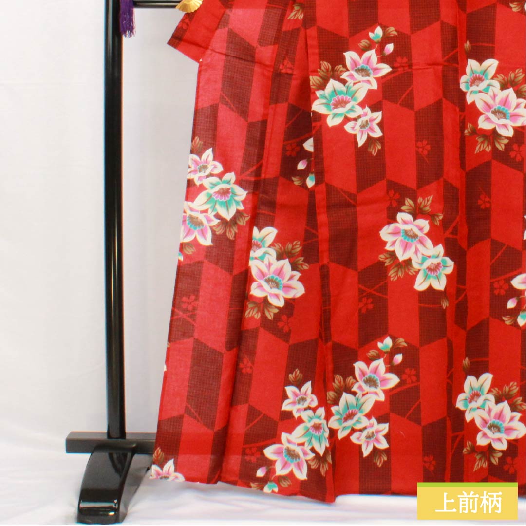 浴衣 木綿 身丈165.5cm 裄丈67.5cm Sランク 単衣 赤系 赤紅色(あかべにいろ) 矢絣 花 1118005482512
