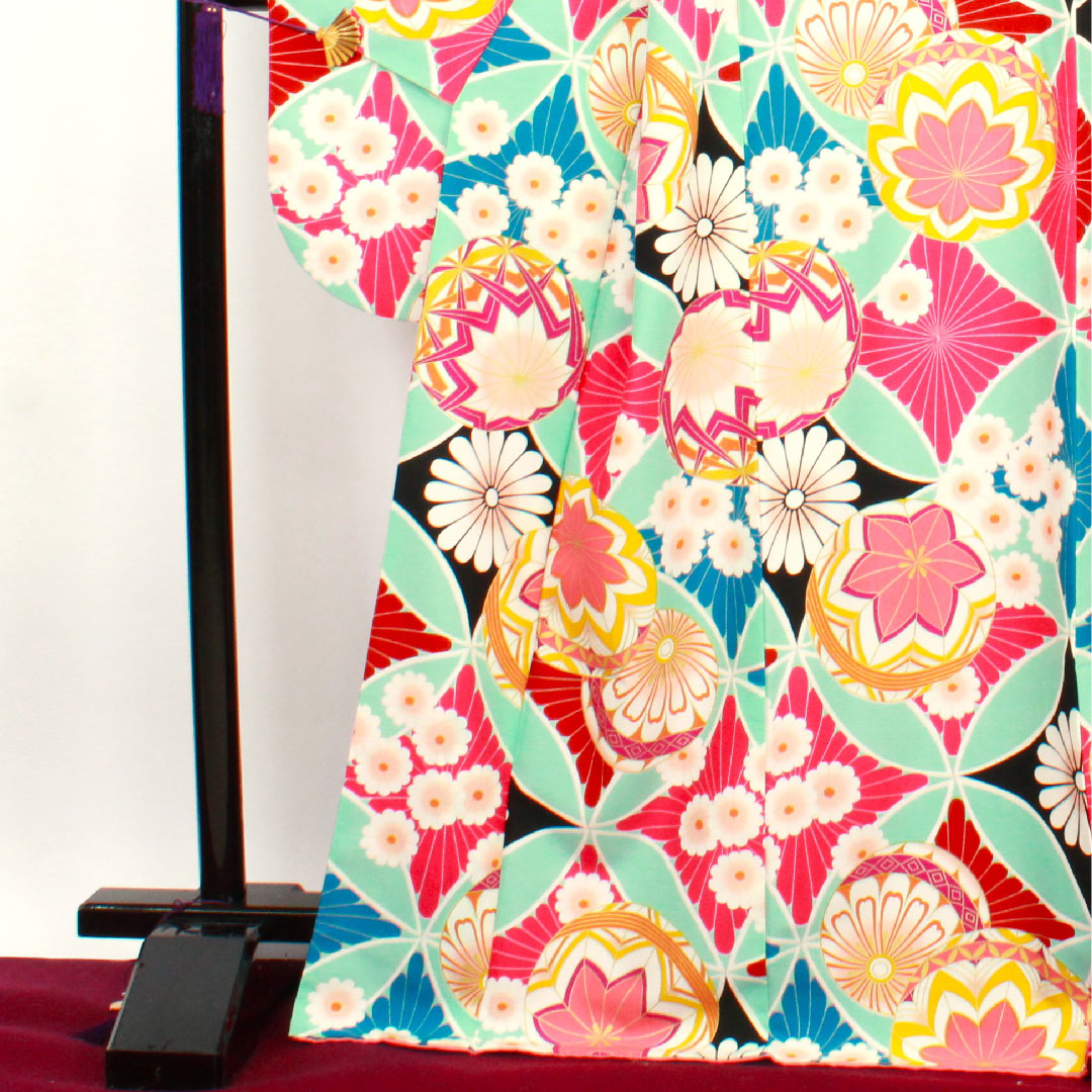 振袖 身丈170.5cm 裄丈70cm 袷 薄水色 洗える着物 鞠 七宝 ポリ Sランク 青系 1113001172617