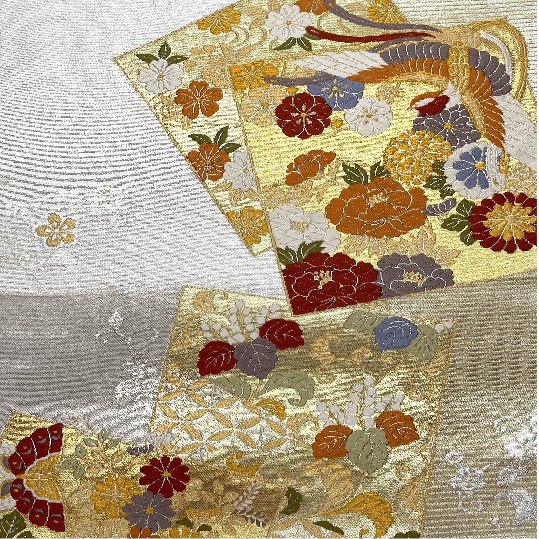 袋帯 灰白色色(かいはくしょくいろ) 全通箔 鳳凰 吉祥文様 帯丈430cm 正絹 Aランク 六通 フォーマル 銀系 1123007513322