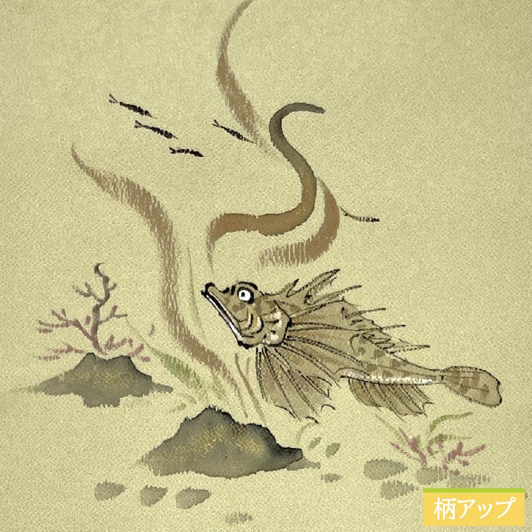 名古屋帯 正絹 Aランク 利休白茶色(りきゅうしらちゃいろ) 染め帯 ちりめん地 おこぜ 帯丈360cm ポイント柄 カジュアル 緑系 1124010543319 名古屋仕立て