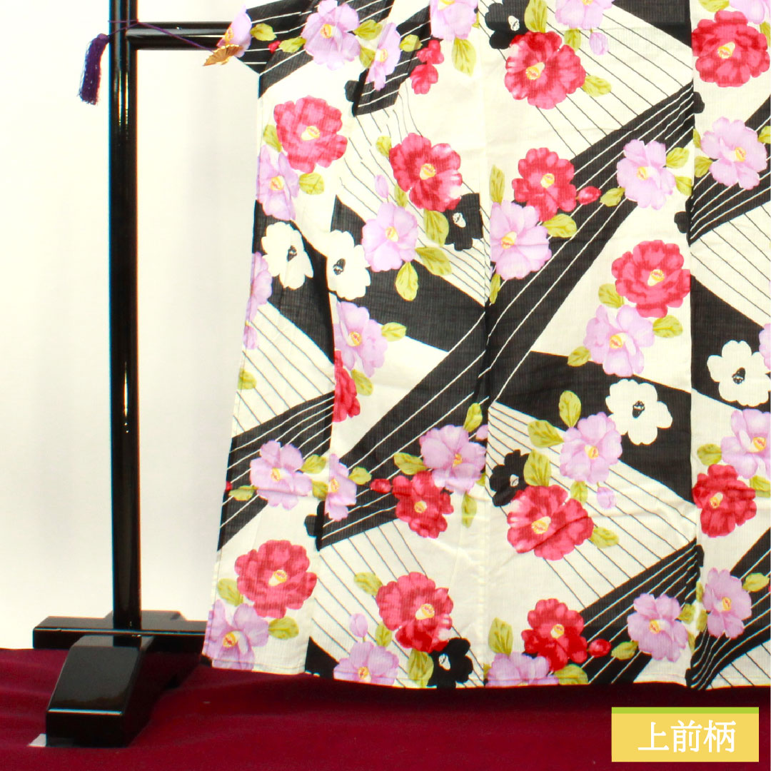 浴衣 木綿 身丈163.5cm 裄丈64cm Sランク 単衣 モノトーン 椿 1118005092427