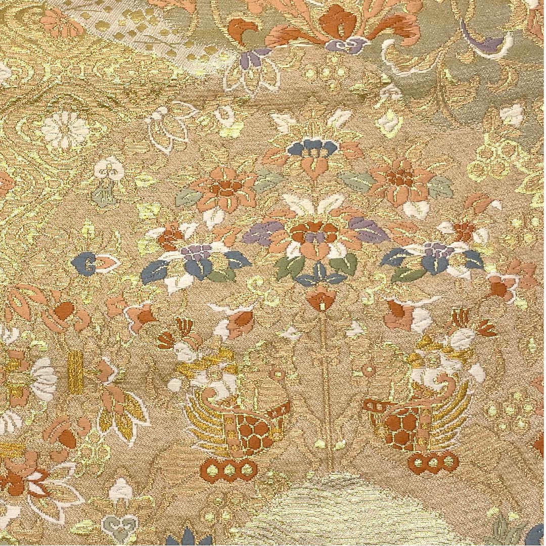 (未仕立)袋帯 金色 吉祥文様 服部織物謹製 帯丈428cm 正絹 Aランク 六通 フォーマル 金系 1123006013321