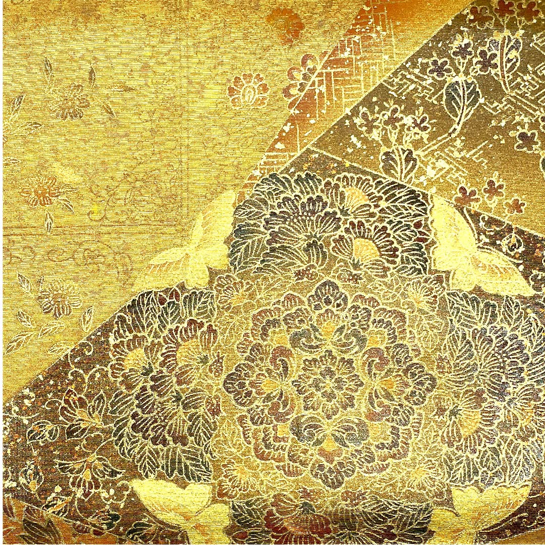 袋帯 金色 本金漆 蝶 華文 帯丈428cm 正絹 Aランク ポイント柄 フォーマル 金系 1123002873321