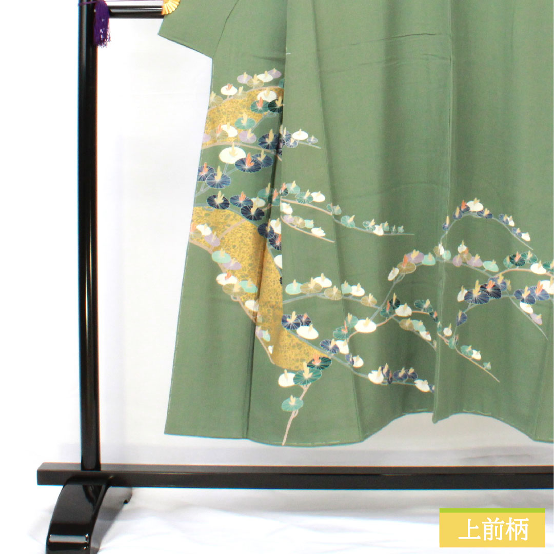 訪問着 正絹 袷 身丈146.5cm 裄丈60cm 琅玕色(ろうかんいろ) 京友禅 抽象模様 しつけ糸付き 未使用品 Sランク 緑系 1112005102119