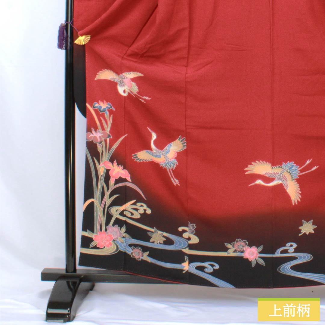 振袖 正絹 Sランク 身丈161.5cm 裄丈63.5cm 袷 生臙脂色(しょうえんじいろ) 京紅型 鶴 流水 桜 菖蒲 赤系 1113002372412