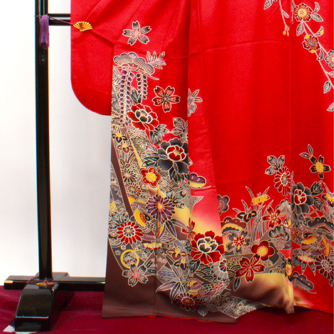 振袖 身丈167cm 裄丈68cm 袷 真紅色 京紅型 吉祥文様 スコッチガード加工 正絹 Sランク 赤系 1113001692512