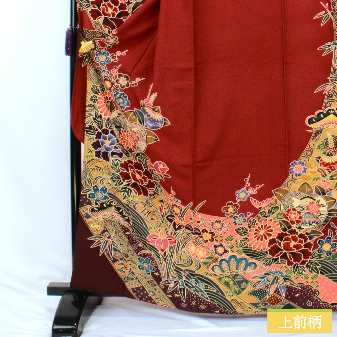 振袖 正絹 Aランク 身丈164.5cm 裄丈67.5cm 袷 牛血紅色(ぎゅうけつこういろ) 京紅型 吉祥文様 夢ガード加工 赤系 1113002923412