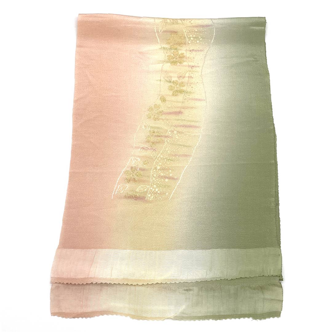 帯揚げ ちりめん セミフォーマル 東雲色(しののめいろ) 利休茶色(りきゅうちゃいろ) 桜 花柄 長さ約176cm 幅約31cm Sランク 緑系 1136000332919