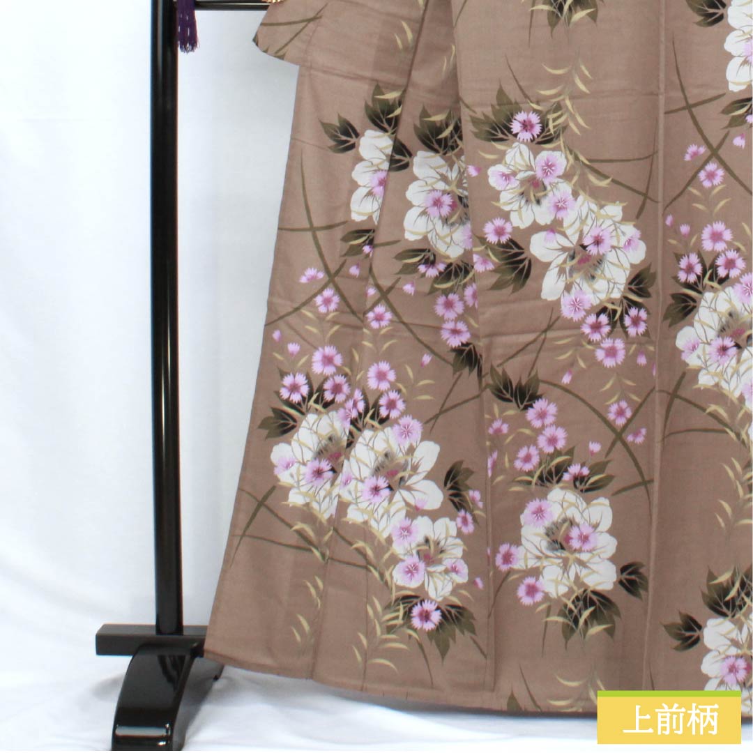 浴衣 木綿 身丈163.5cm 裄丈65.5cm Sランク 単衣 ベージュ系 茶鼠色(ちゃねずいろ) 撫子 1118006202425