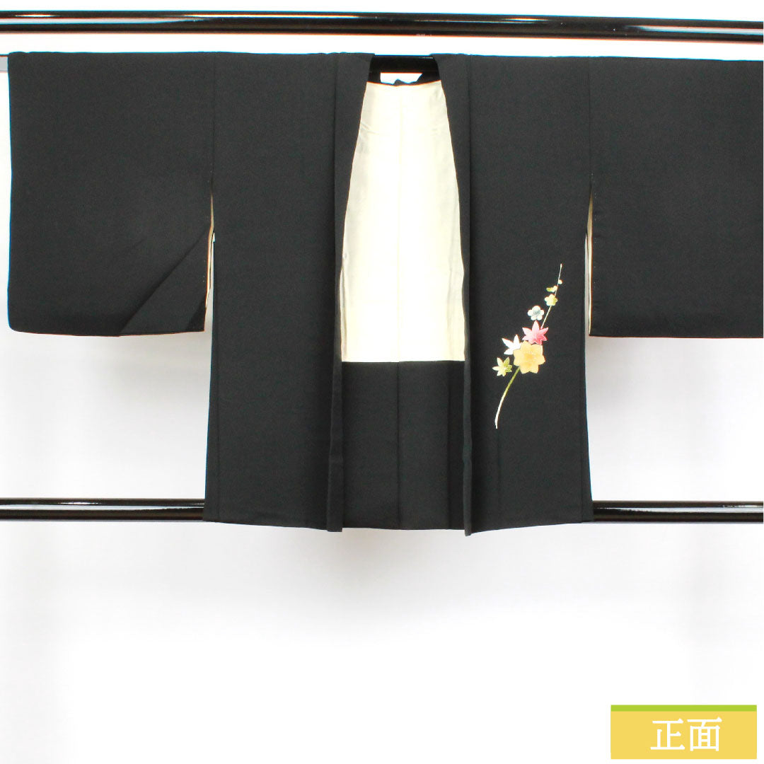 羽織 正絹 身丈78cm 裄丈64cm 黒羽織 京友禅 梅 紅葉 Aランク 袷 黒系 1117000793910