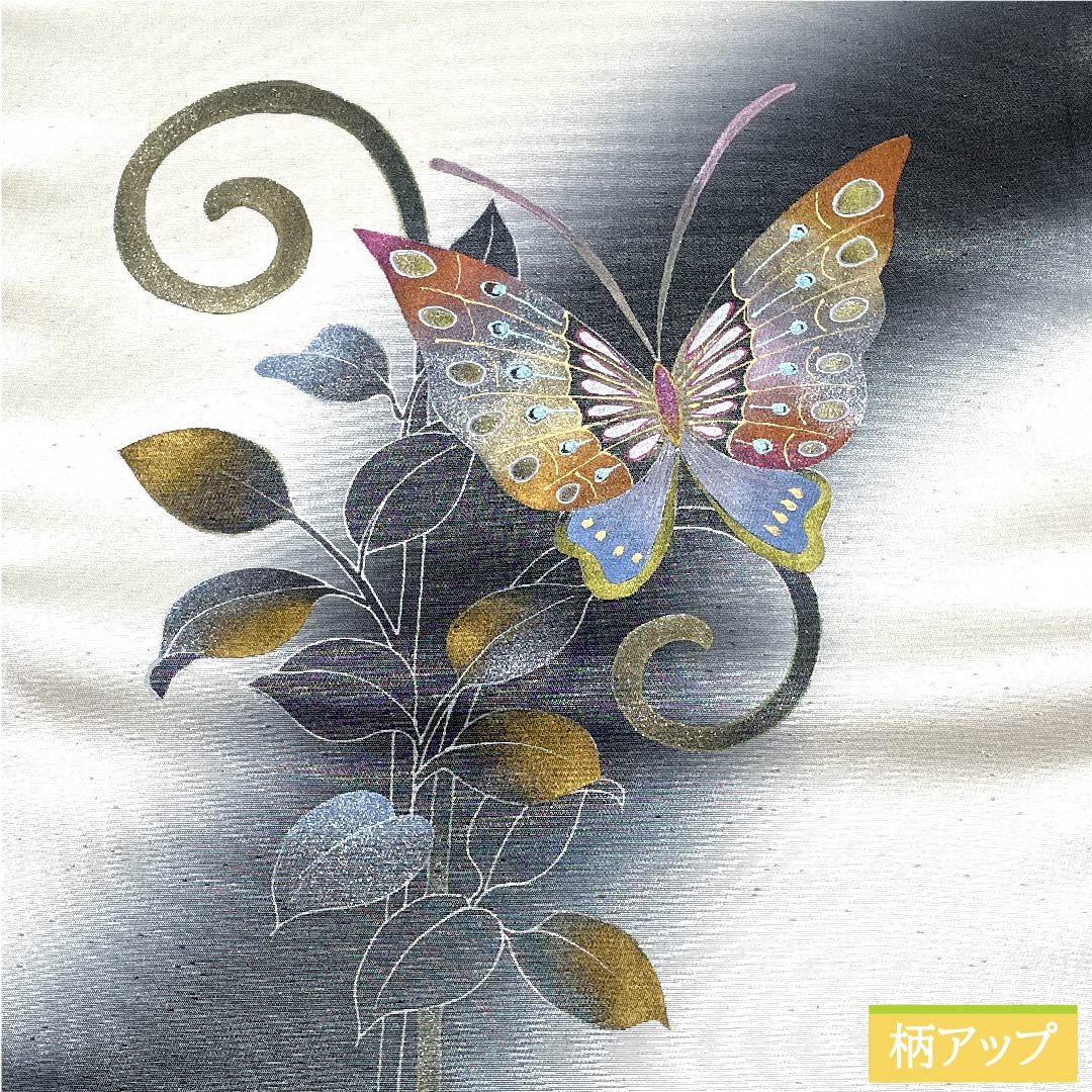 (未仕立)袋帯 正絹 胡粉色(ごふんいろ) 蝶 帯丈438cm Aランク ポイント柄 セミフォーマル 白系 1123011253311