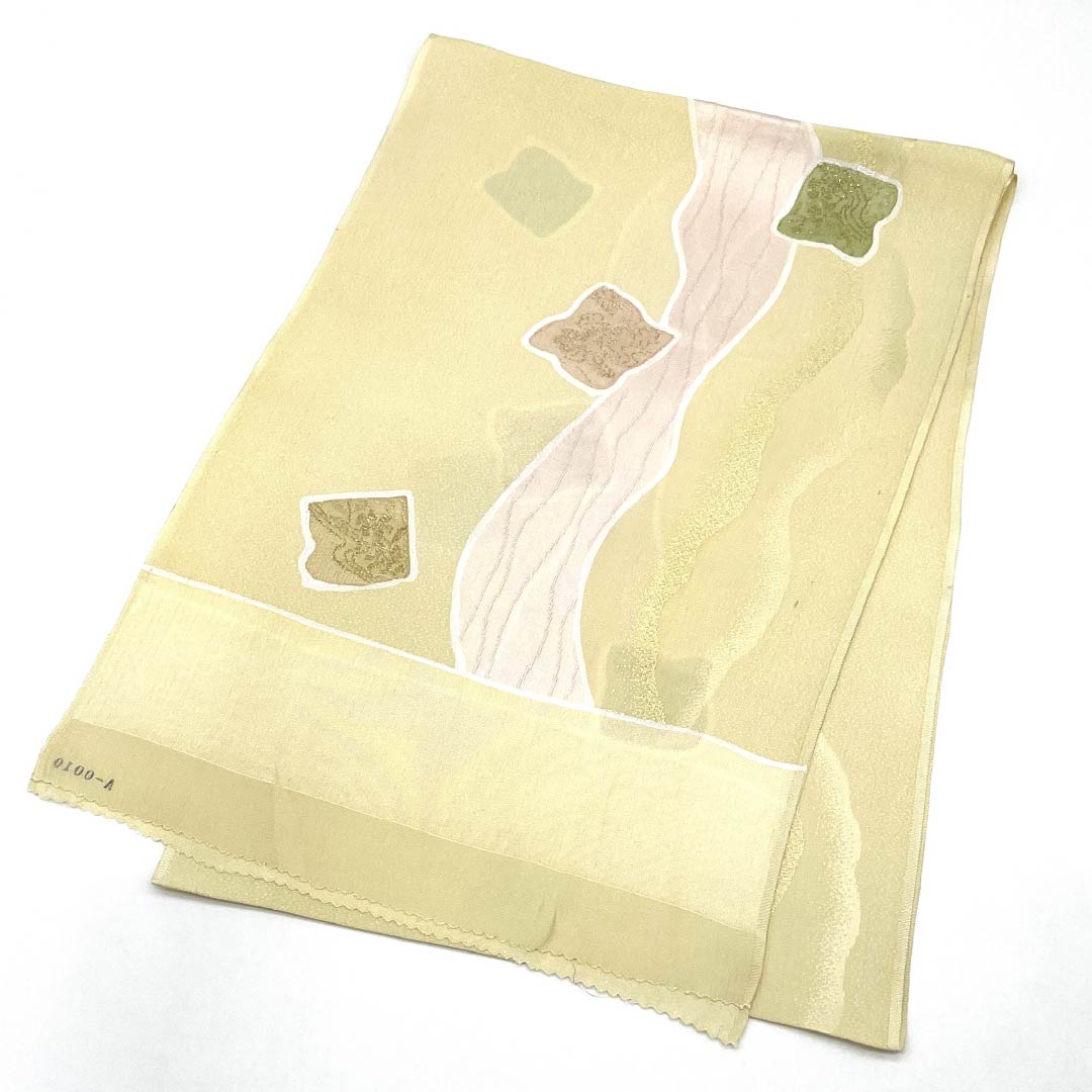 Semi-formal obiage (sash sash), pure silk, S-rank, Gyoshikou-iro (fish roe yellow) pattern, classic pattern, colored paper, cream-colored, approximately 176cm long and 30cm wide, product number 1136002072915