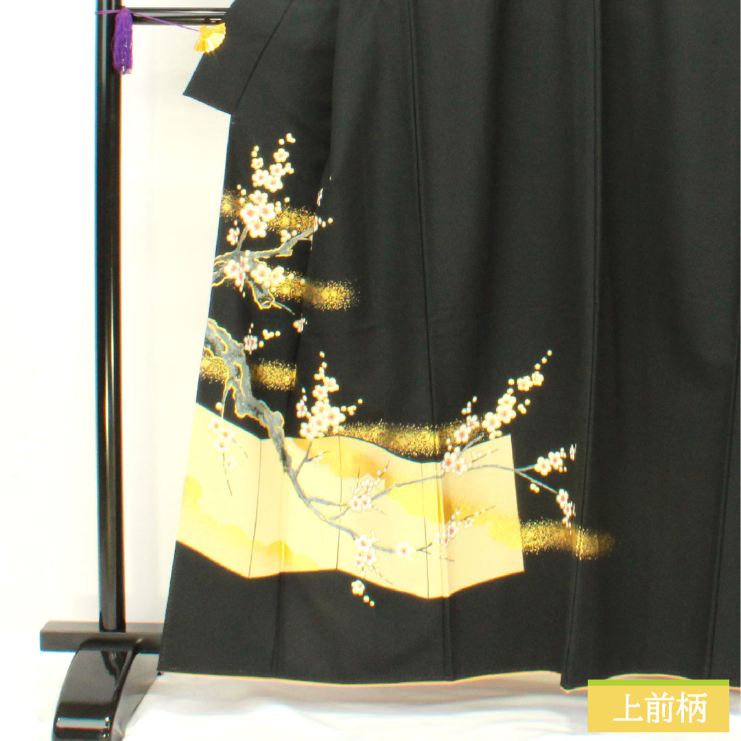 訪問着 ポリエステル 胴抜き 身丈160cm 裄丈64.5cm 洗える着物 梅 重ね衿付き Aランク 黒系 1112005653410