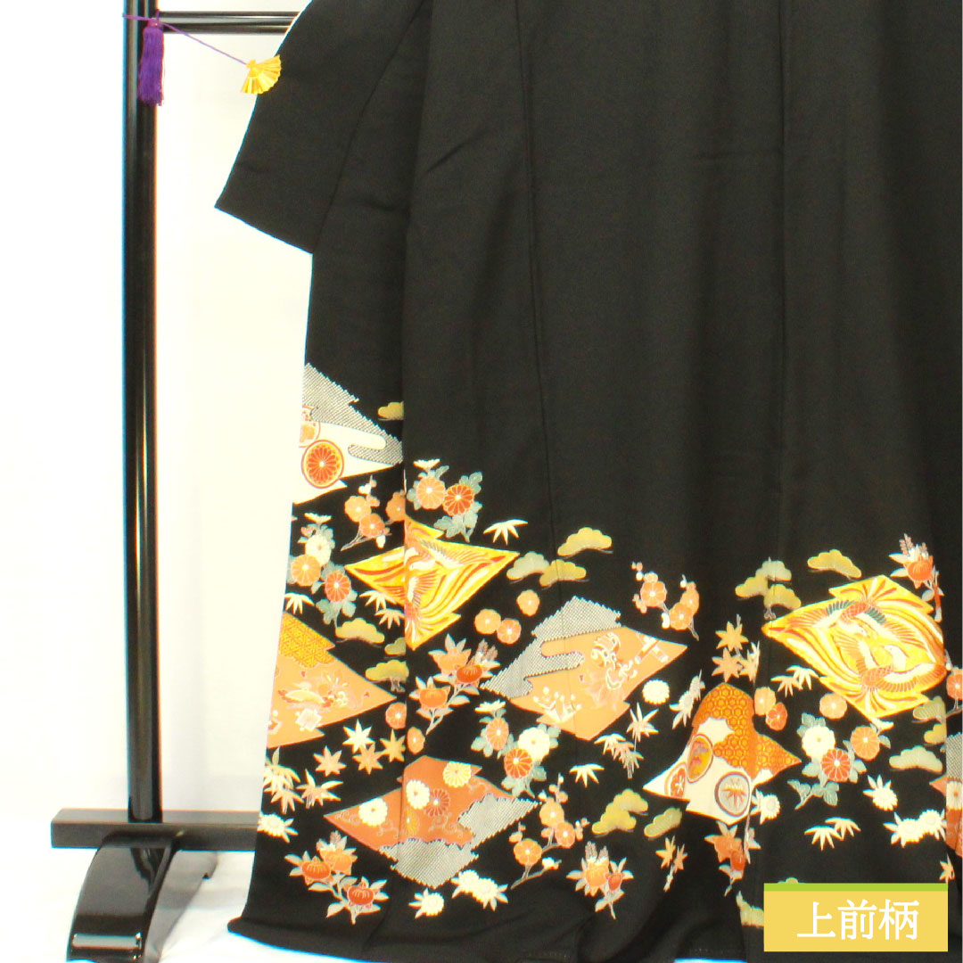 Black formal kimono, pure silk, length 169cm, sleeve length 67.5cm, lined, Kyoto Yuzen, auspicious pattern, five crests, five-three paulownia, A rank, black, 1111001473510