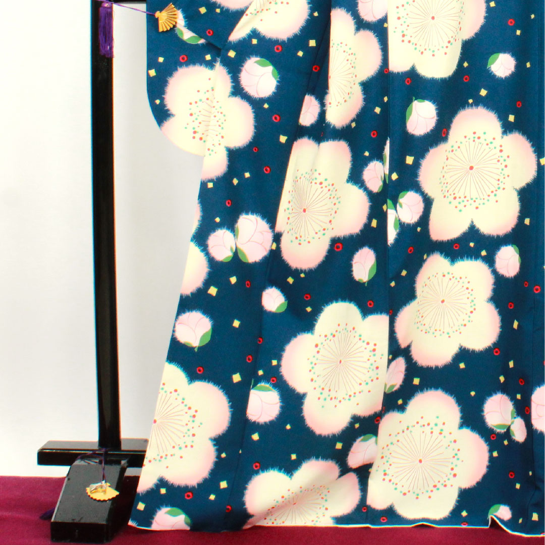 振袖 身丈169cm 裄丈67.5cm 袷 濃藍色 洗える着物 桜 ポリ Aランク 紺系 1113001113518