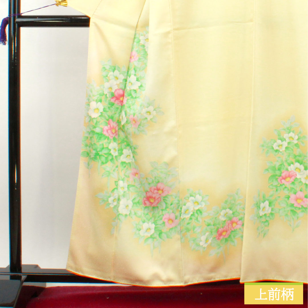 訪問着 ポリエステル 袷 身丈159.5cm 裄丈65cm 鳥の子色(とりのこいろ) 洗える着物 草花模様 Aランク 黄系 1112004313323