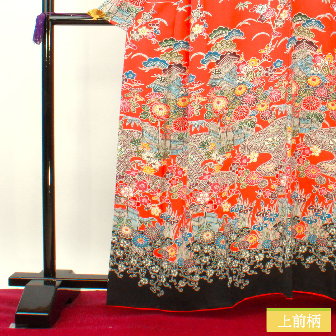 訪問着 正絹 袷 身丈163cm 裄丈64.5cm 猩々緋色 京紅型 吉祥文様 Sランク 朱系 1112004072416