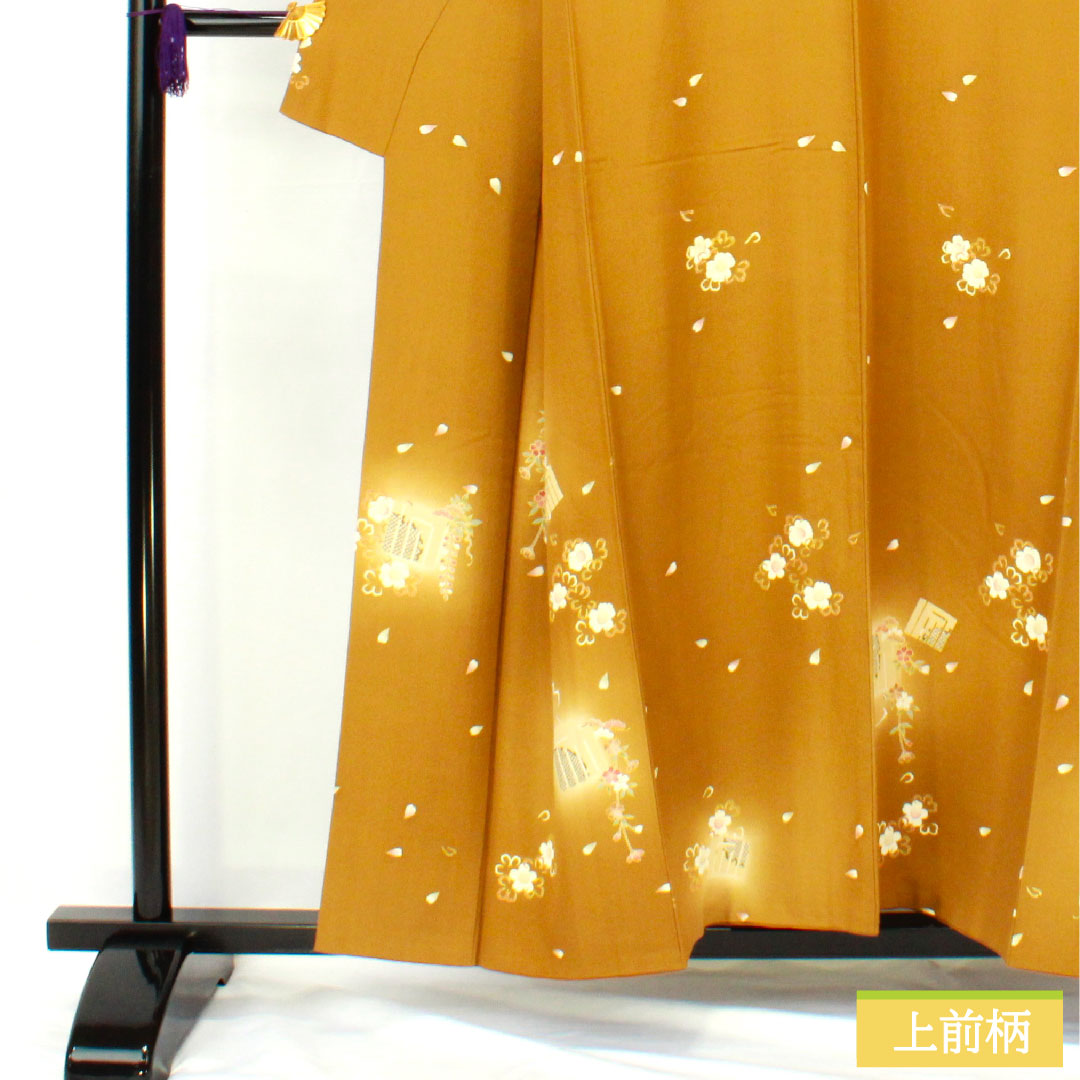 訪問着 正絹 袷 身丈156cm 裄丈66.5cm 木蘭色(もくらんじき) 桜 源氏香 パールトーン加工 Aランク 黄系 1112005433323