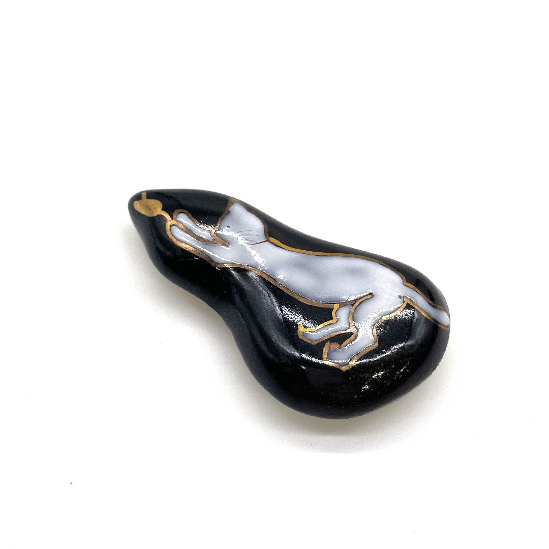 (New old stock) Obi fastener, ceramic, casual, black, Kiyomizu ware, cat, animal, length approx. 3.5cm, width approx. 6cm, S rank, black, 1137000592910