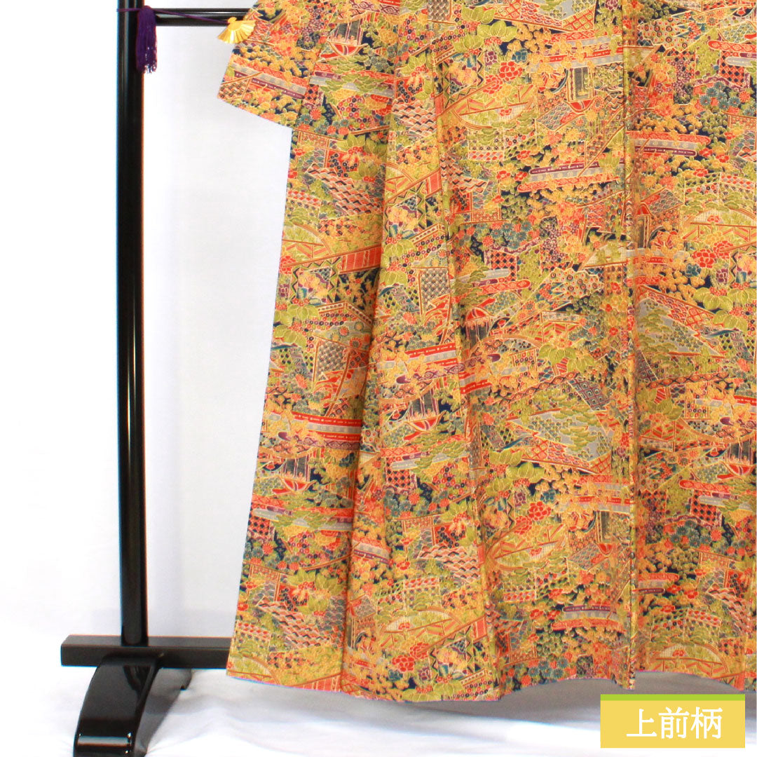 小紋 ポリエステル 身丈160cm 裄丈63.5cm 袷 紺藍色(こんあいいろ) 洗える着物 吉祥文様 Sランク 紺系 1115004612418