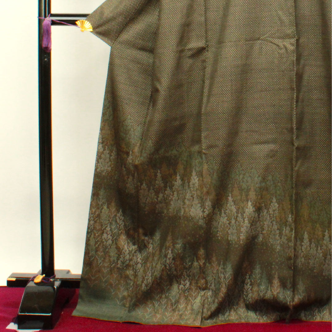 訪問着 正絹 袷 身丈171.5cm 裄丈67cm 墨色 赤城紬 抽象模様 Sランク 茶系 1112003232614