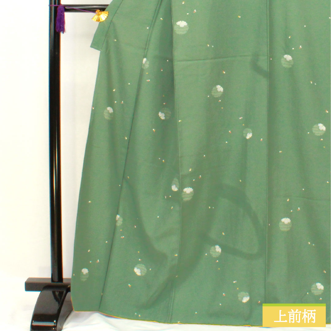 小紋 ポリエステル 身丈166.5cm 裄丈67cm 袷 千種色(ちぐさいろ) 洗える着物 雪輪 花びら散らし しつけ糸付き Sランク 緑系 1115004832519