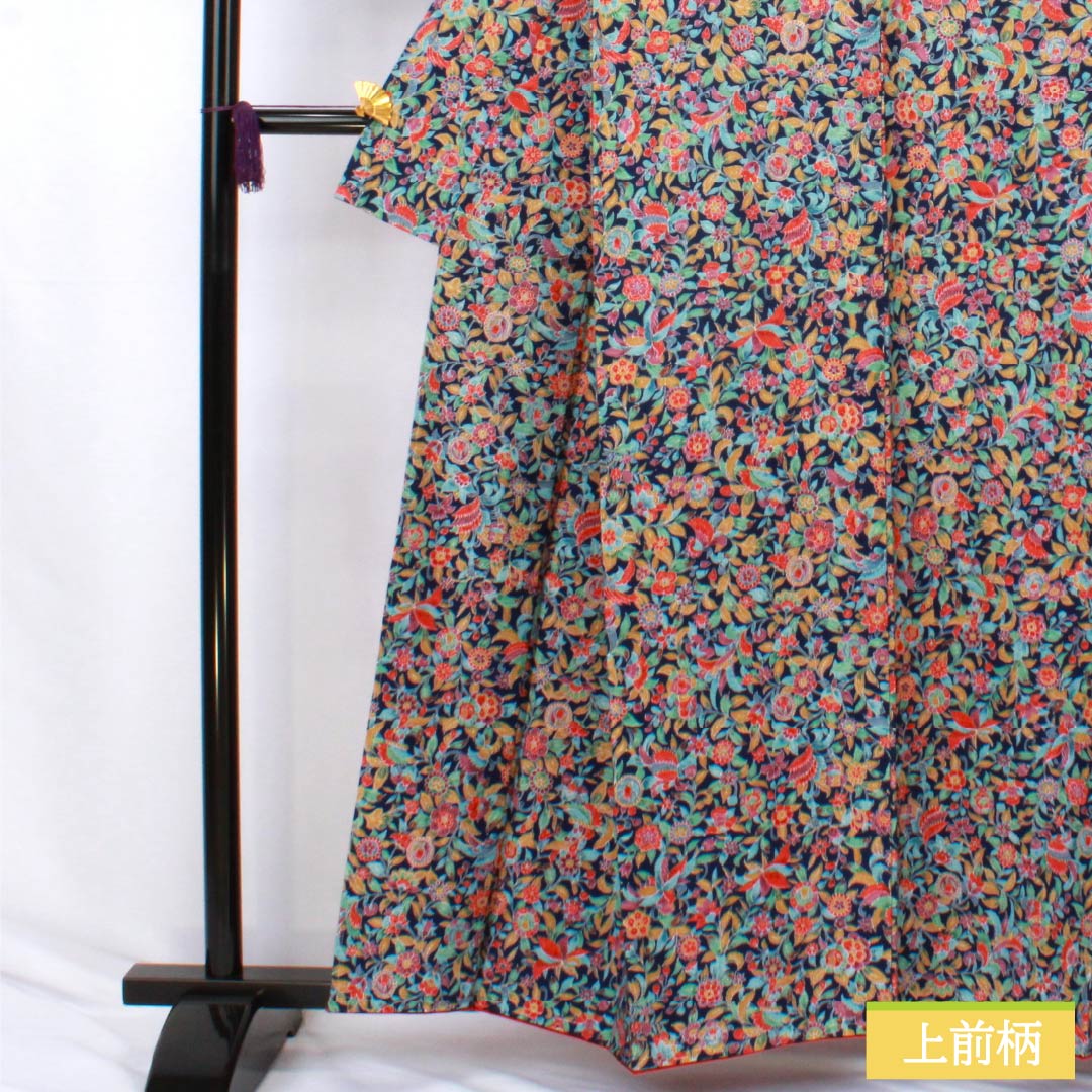 小紋 正絹 Sランク 身丈159cm 裄丈63cm 袷 紺色(こんいろ) 紬地 更紗 しつけ糸付き 紺系 1115007542318