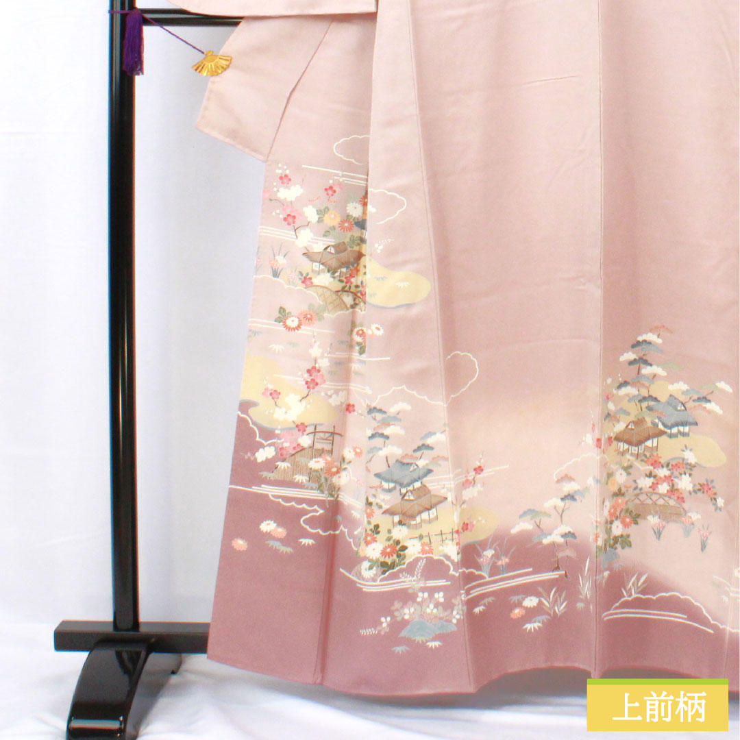 訪問着 正絹 袷 身丈160.5cm 裄丈63cm 白梅色(しらうめいろ) 京友禅 茶屋辻模様 Bランク ピンク系 1112005894413