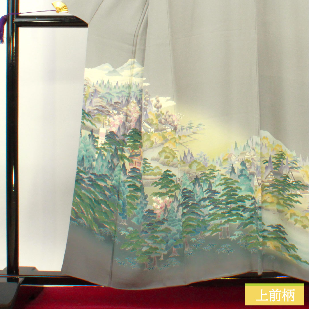彩色留袖、纯丝、长度 157 厘米、袖长 63.5 厘米、衬里、锡色、风景图案、三个徽章、常春藤、艺术家的作品、飞騨高山、珍珠色调、A 等级、灰色、1111001363322