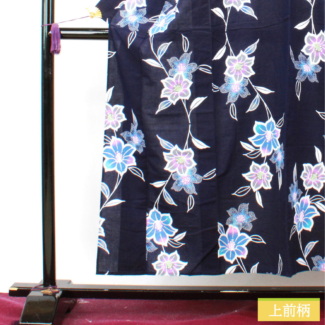 浴衣 木綿 身丈153.5cm 裄丈67.5cm Sランク 単衣 紺系 濃紺色(のうこんいろ) 山茶花 1118004802218
