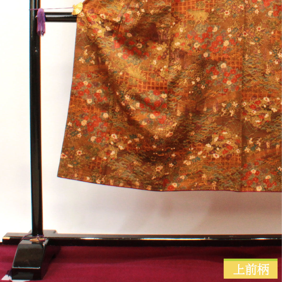 Komon, pure silk, length 140cm, sleeve length 60.5cm, lined, dark brown, floral pattern, basting thread included, unused, S rank, brown, 1115003732114