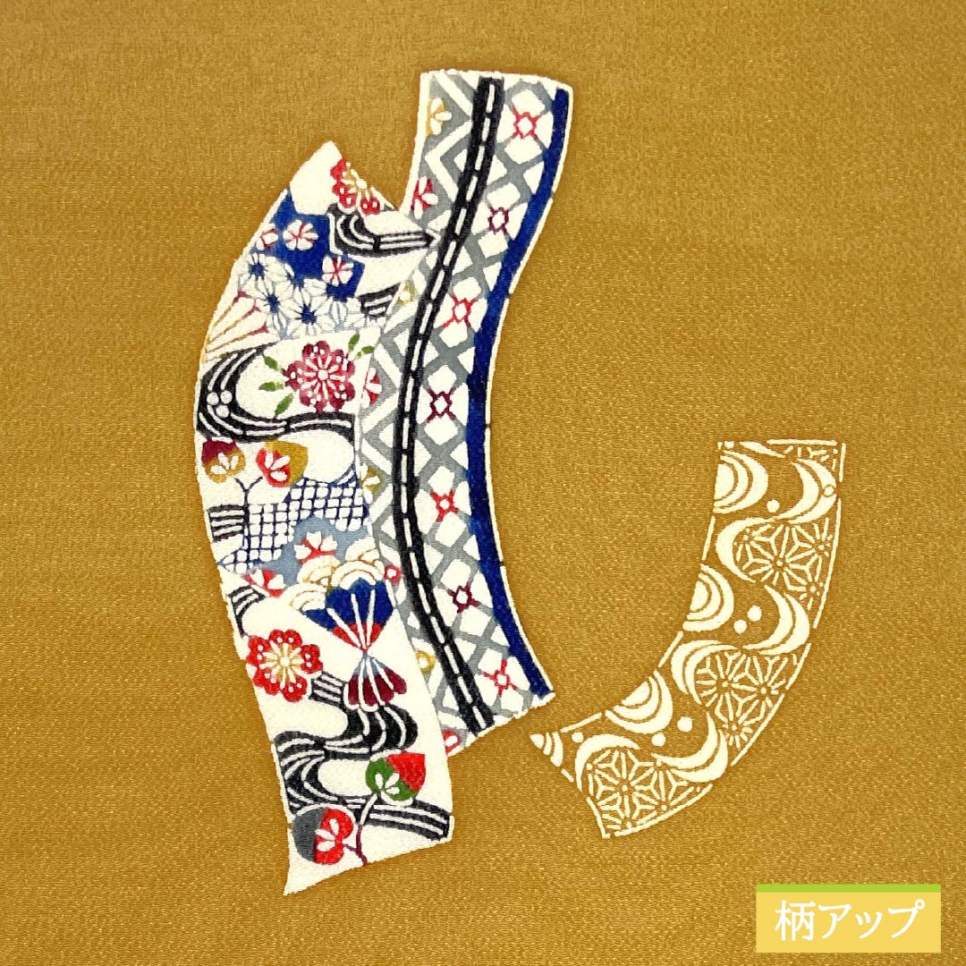 名古屋帯 土布色(トウプースーいろ) 京紅型 ちりめん地 熨斗 帯丈369cm 正絹 Sランク ポイント柄 カジュアル 黄系 1124007972323 名古屋仕立て